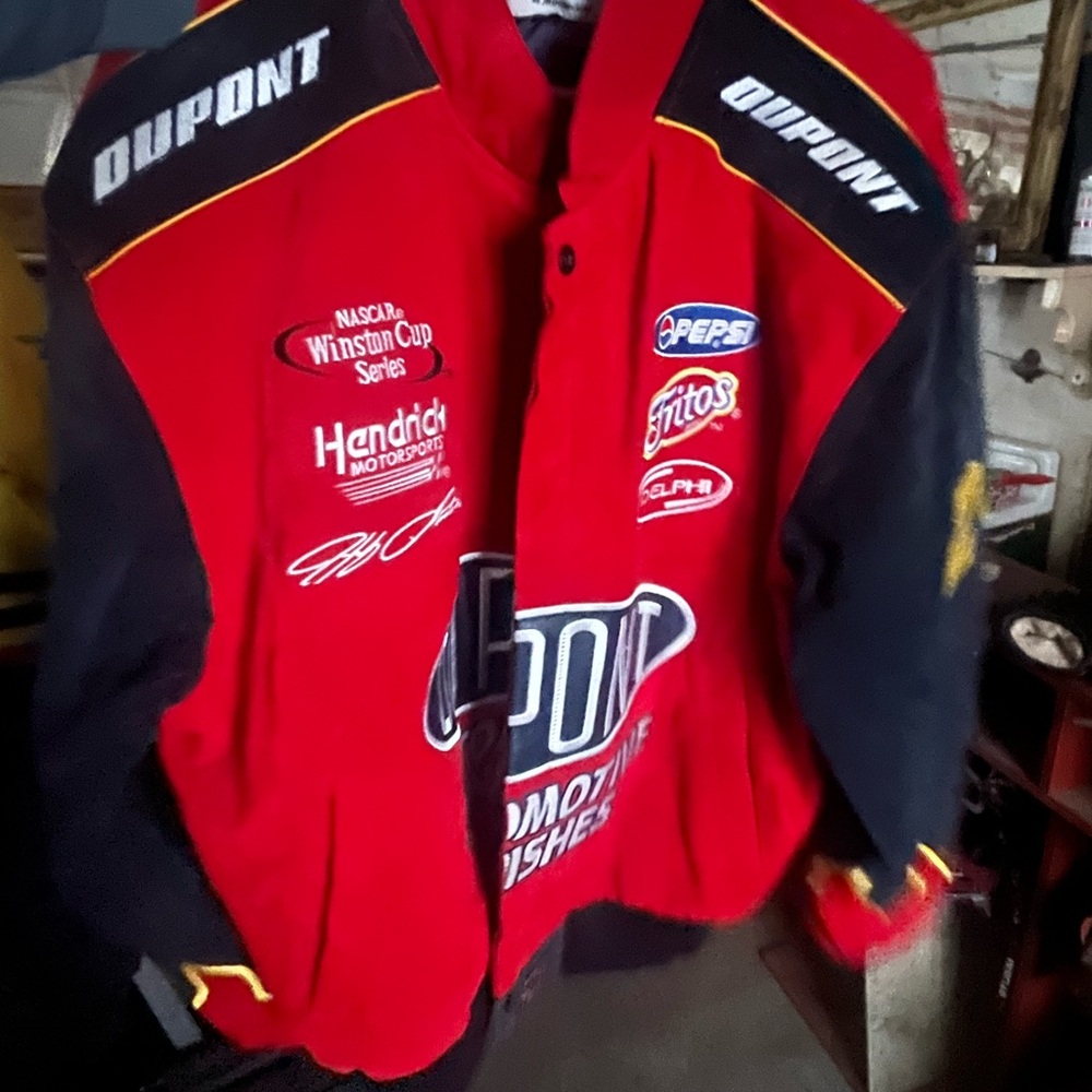 Chase Authentics Red and Black Racing Jacket with Yellow Piping #24 Jeff Gordon